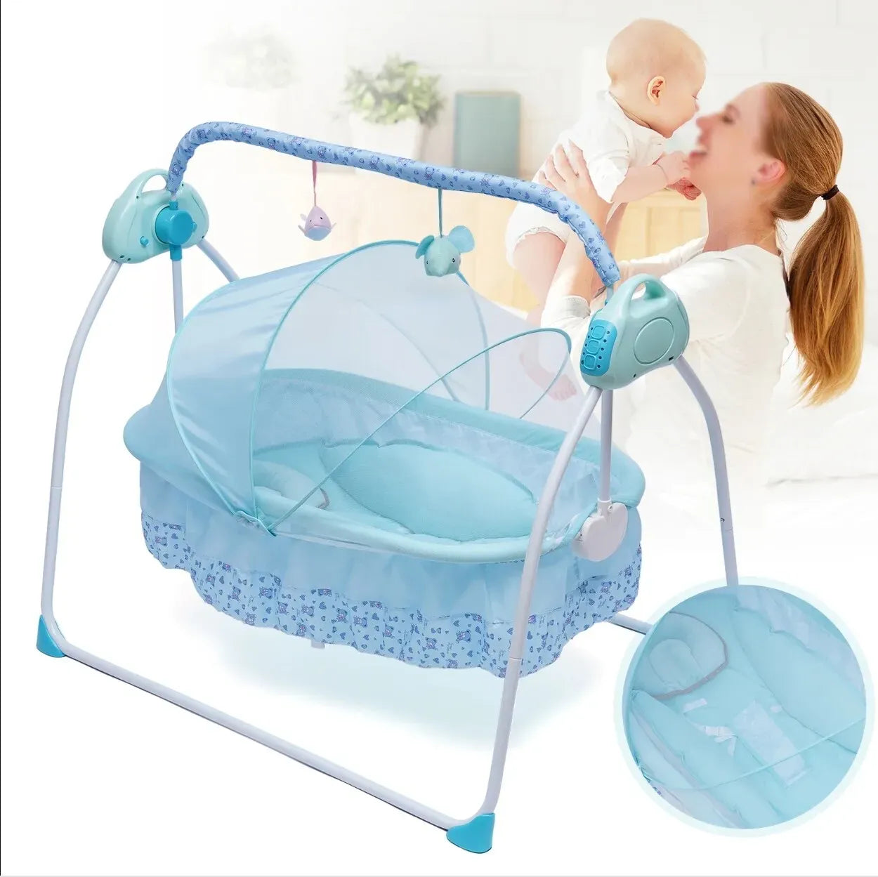 Auto-Swing Electric Baby Crib Cradle in Blue with Bluetooth and Lullabies